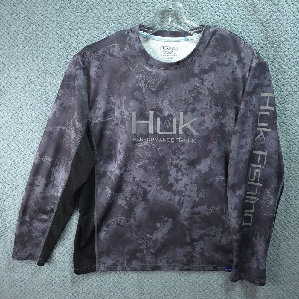 Huk Icon X Fishing Shirt Mens Gray Camo XL Vented Utility Outdoor Camping Hiking